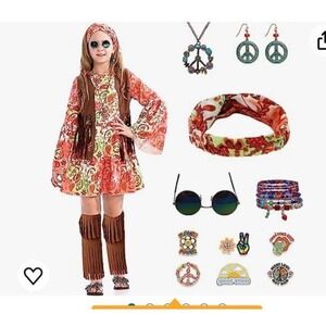 60s 70s Costume Dress Set‎ Accessories Girls Hippie Halloween Sz 4T-5T Dress Up
